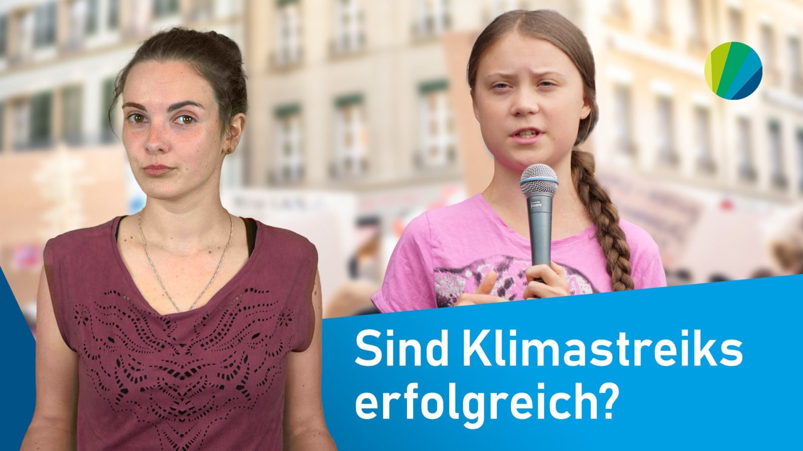Standbild aus Video: junge Moderatorin vor Bild von Greta Thunberg mit Mikrofon mit Titel: Sind Klimastreiks erfolgreich?